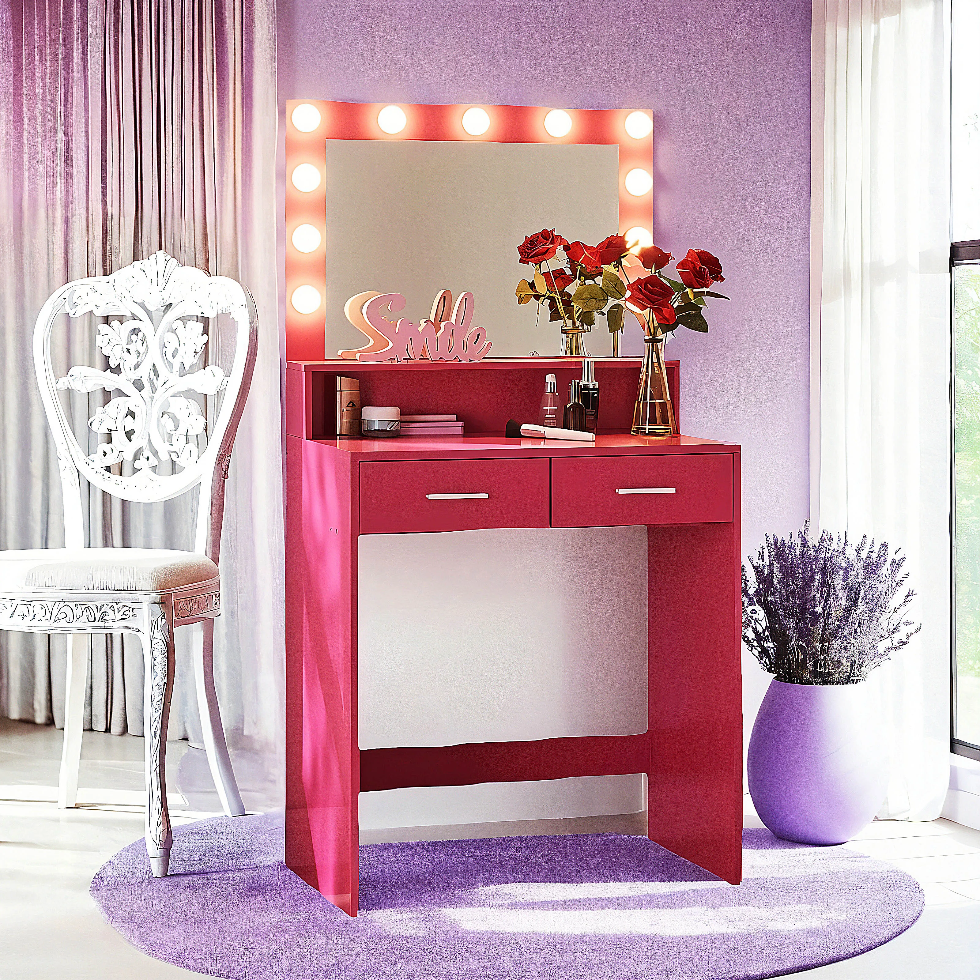 Vanity Desk with Mirror and Lights, Dressing Table with Large Drawer, 2 Level Storage Dresser & 3 Lighting Modes Adjustable Brig