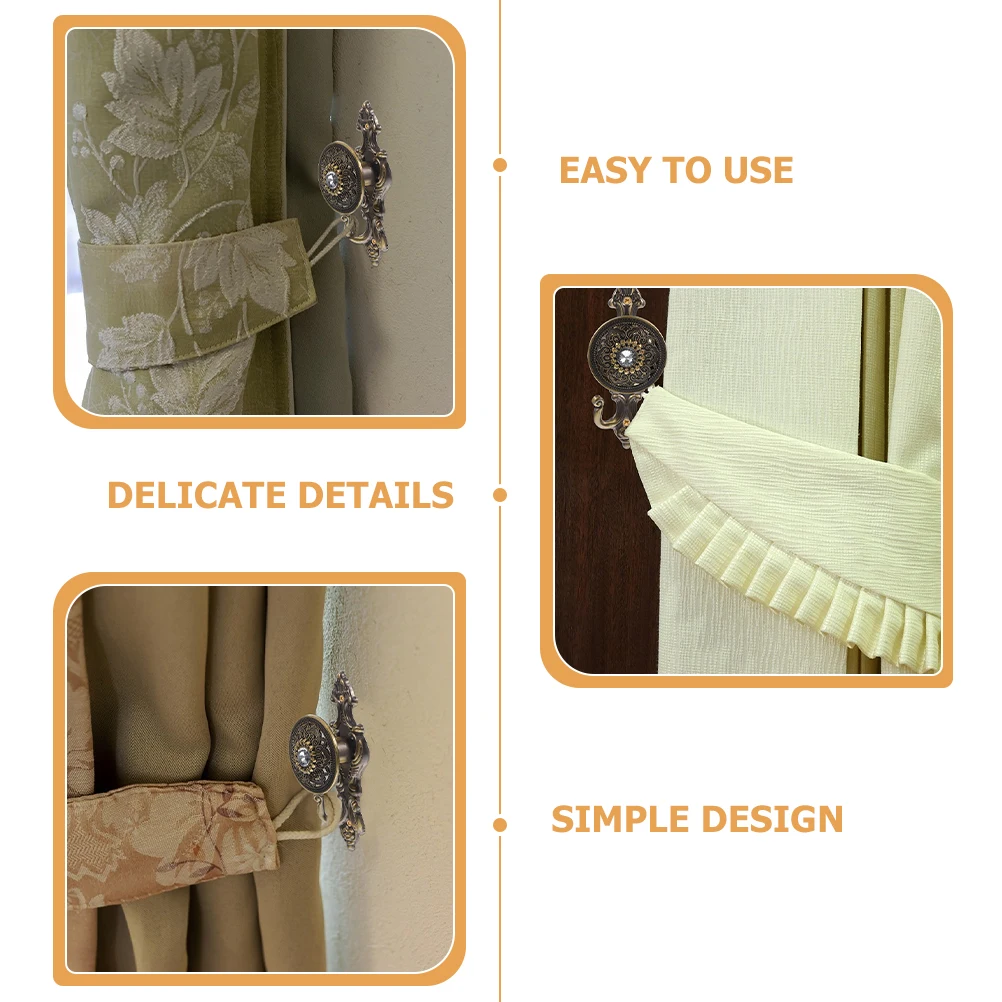 

4Pcs Curtain Hook Vintage Rhinestone Decorative Set Metal Drapery Holdbacks for Living Room Bedroom Bathroom Window Shower