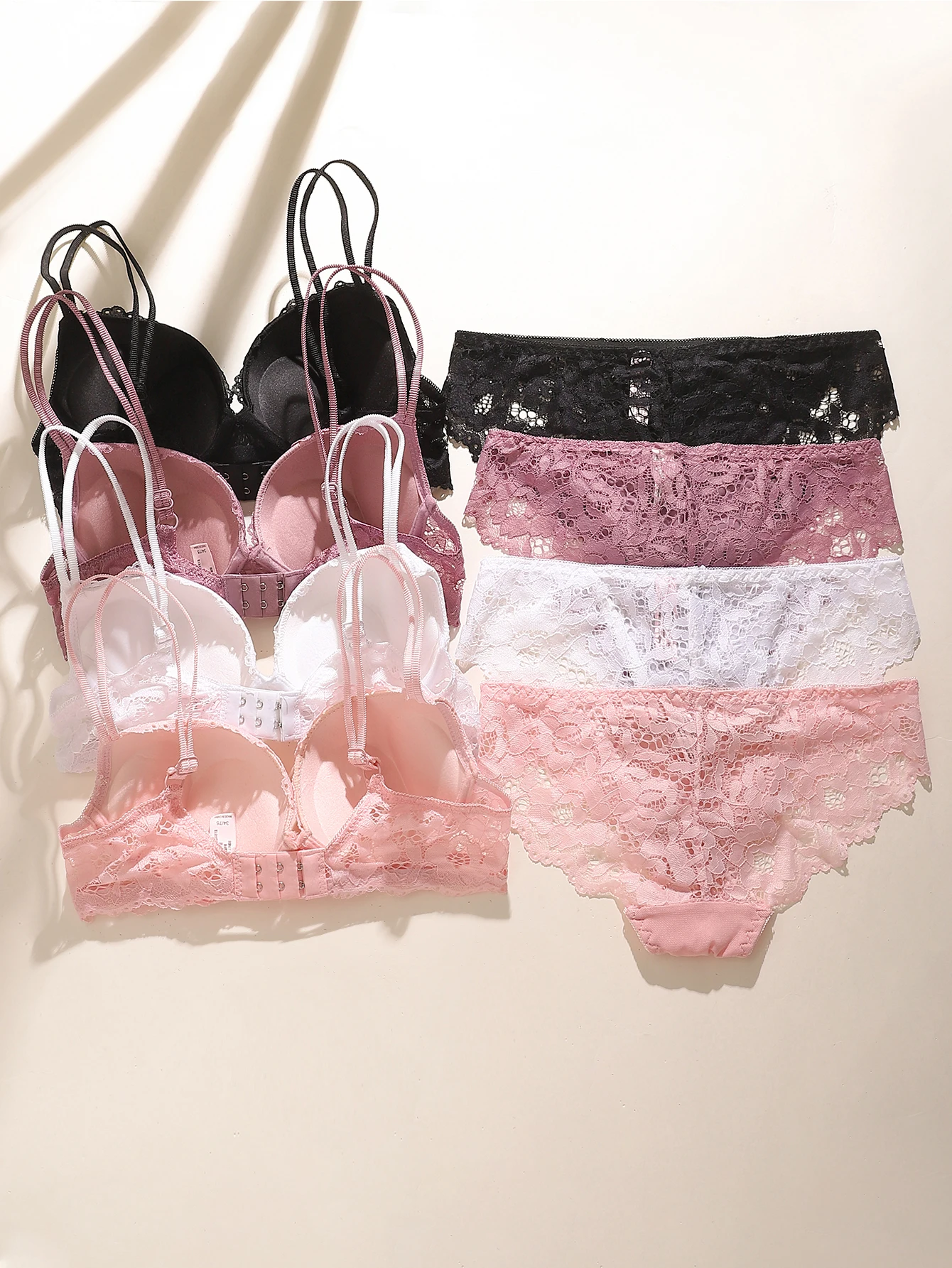 4PCS Women's Floral Lace Lingerie Set Underwire Push-Up Bra & Panties Double Thin Shoulder Straps Sexy Intimates
