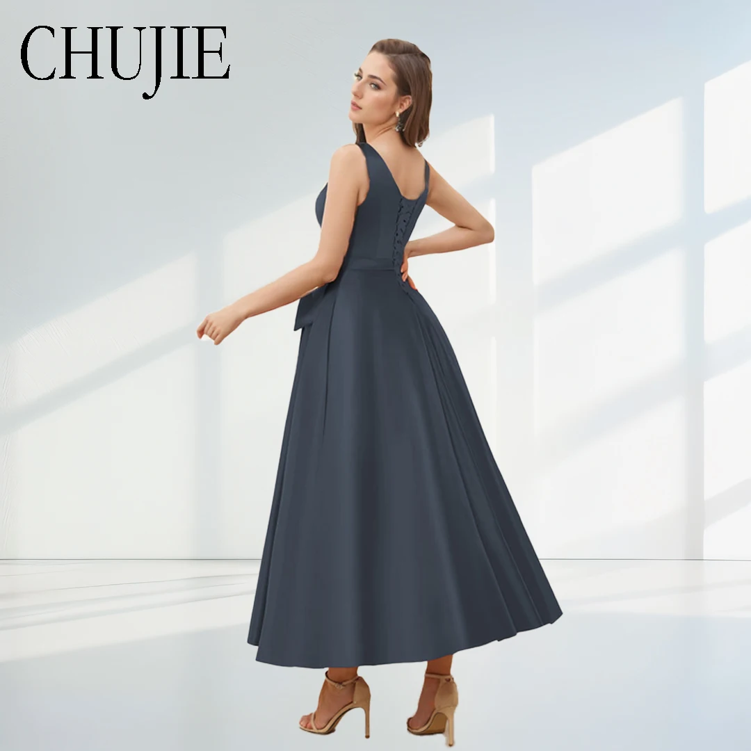 V Neck Mother Of the Bride Dresses For Wedding Satin Wedding Guest Dress With Bow Lace Up Back Sleeveless Formal Evening Gowns