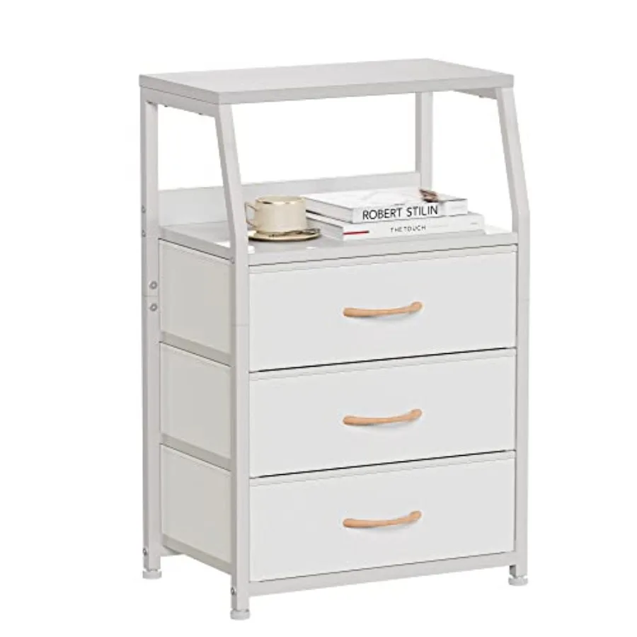 

White Nightstand with 3 Drawers and 2-Tier Shelf Small Night Stand End Table Side Furniture Fabric Storage Organizer for Bedroo