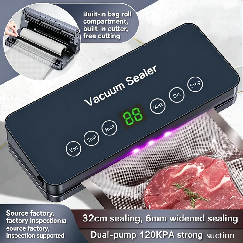 キッチン用家庭用食品真空シーラー機-ハイパワー、ダブルポンプ、120kpaの強力な吸引力。-バッグロールホルダー。-32cmに適しています