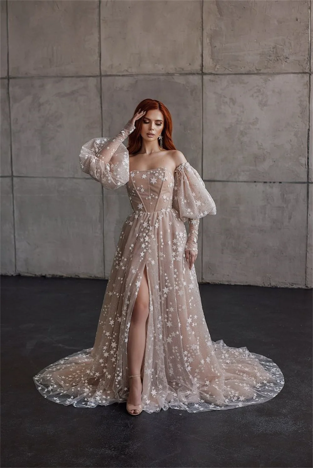 Sansa Mysterious Side Split فساتين السهرة Sexy Off Shoulder Prom Dress Star A-line فساتين سهره فاخره Champagne Vestidos De Noche