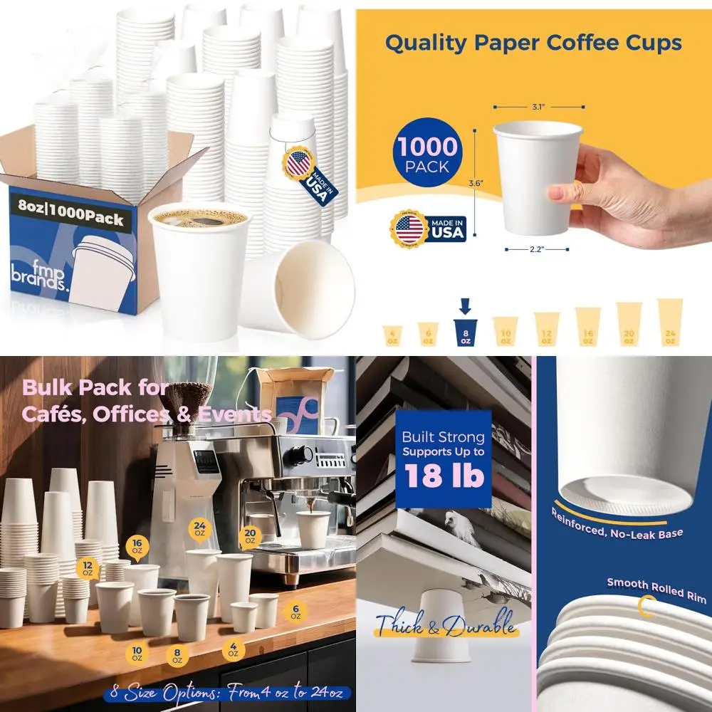 

Disposable 8 oz Paper Coffee Cups - Premium White for Hot/Cold Beverages, Durable Thickened Cups, 1000 Pack Meal Prep Essentials