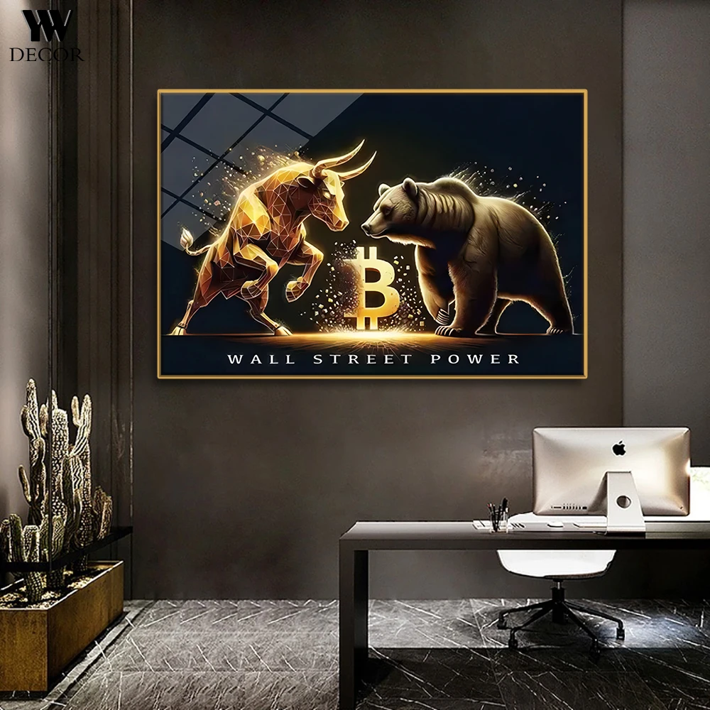 Bitcoin Bull and Bear Gold Canvas Painting Bull Market Motivation Poster Print Picture Home Decoration for Living Room Decor