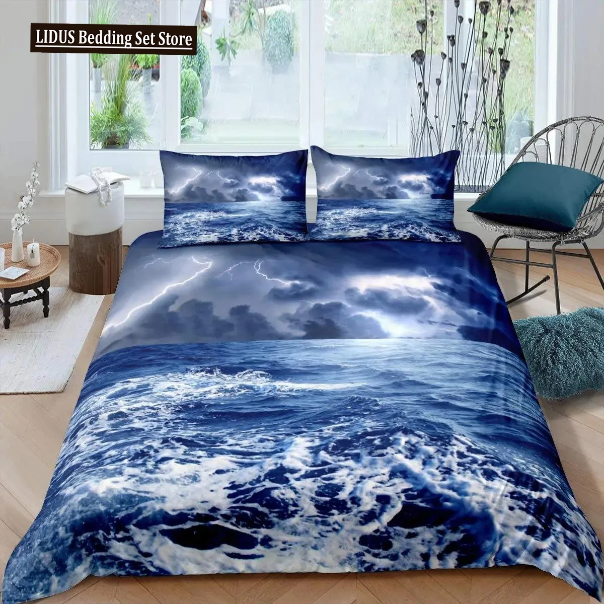 Lightning Duvet Cover Set Sea Wave Natural Disasters Sea Landscape Bedding Set Dark Clouds King Size Polyester Comforter Cover