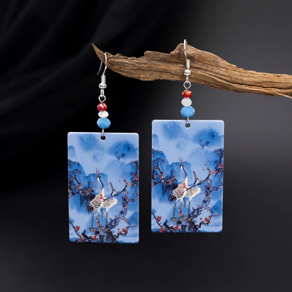 Fashion Crane Flower Mountain Relievo Print Blue Acrylic Earrings For Women Vintage Style Aesthetic Trend 2025 Elegant Jewelry