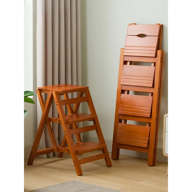 Home Use Solid Wood Folding Ladder Chair, Dual Use Stool and Ladder, Indoor Multi-Functional Staircase for Climbing and Pedaling