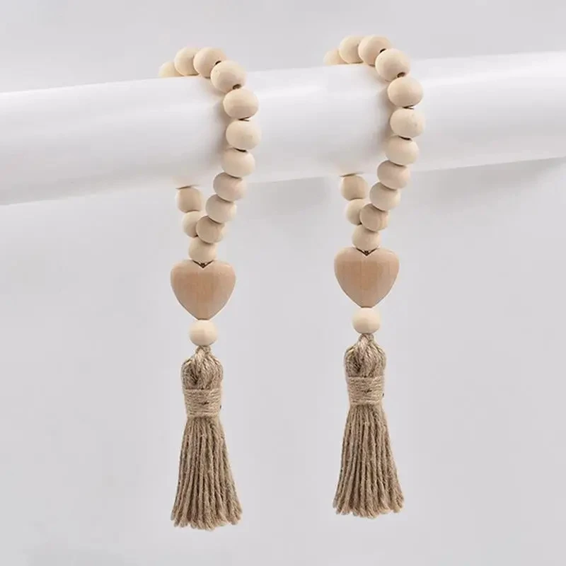 2Pcs Log Color Wood Bead Garland Rustic Wall Hanging Hemp Rope Tassel Beaded with Heart Knot Woven Pendant Home Decoration