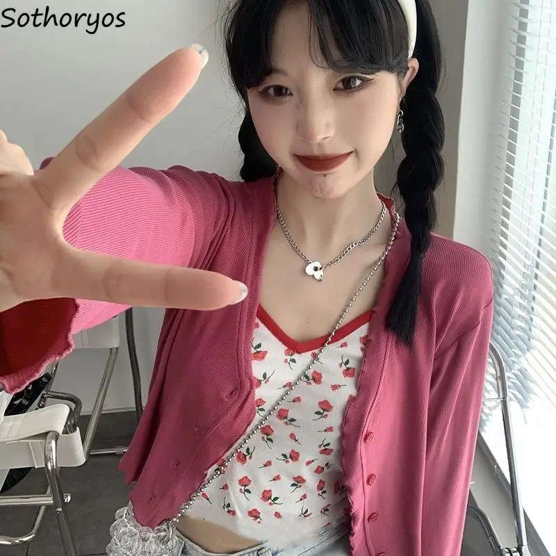 

Women Long Sleeve Cardigans V-neck Summer Thin Outwear Single Breasted Knitted Sweater All-match Students Sweet Rhodo Korean Ins