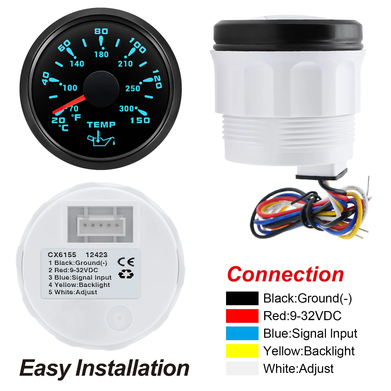 52mm Oil Temp Meters 20-150°C /70-300°F Oil Temperature Gauge 7-color Backlight Auto Car Gauge Waterproof for Boat Marine Car