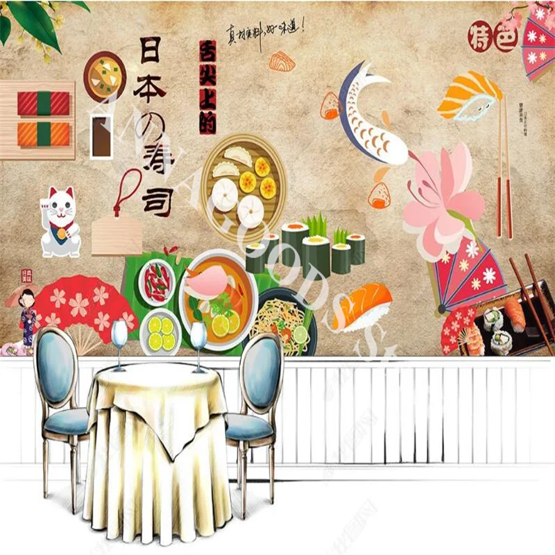 Cartoon Sushi Catering Background 3d Mural Wallpaper for Japanese Sushi Restaurant Industrial Decor Self Adhesive Wall Paper