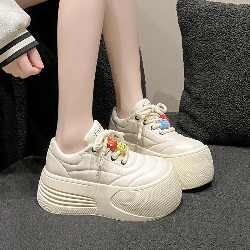 7 ซม.ฤดูใบไม้ผลิผู้หญิง Chunky หนังรองเท้าผ้าใบแพลตฟอร์มหญิง Trainers WEDGE Casual รองเท้าฤดูใบไม้ร่วงใหม่ LACE-up กีฬารองเท้าผู้หญิง