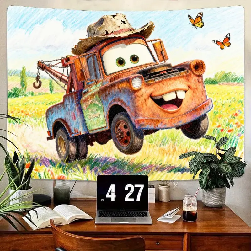 

1PC Disney Cars Mater Tapestry, Cowboy Hat Cartoon Movie Wall Art, Polyester Kids Bedroom Living Room Decor Gift.