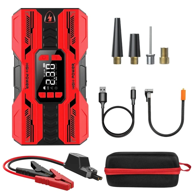 6-in-1 Tragbarer Auto-Starthilfe-Kompressor 150PSI Reifenfüller Powerbank LED-Licht Digitales Display Notfall-Starter für Autos SUVs Motorräder