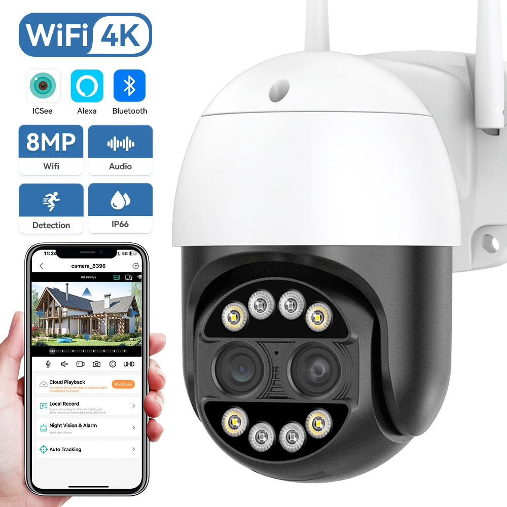 

8-мегапиксельная PTZ WIFI-камера с двумя объективами, 8-кратным цифровым зумом, двусторонней аудиосвязью, водонепроницаемая, уличная, 4-мегапиксельная беспроводная IP-камера видеонаблюдения ICSEE ONVIF