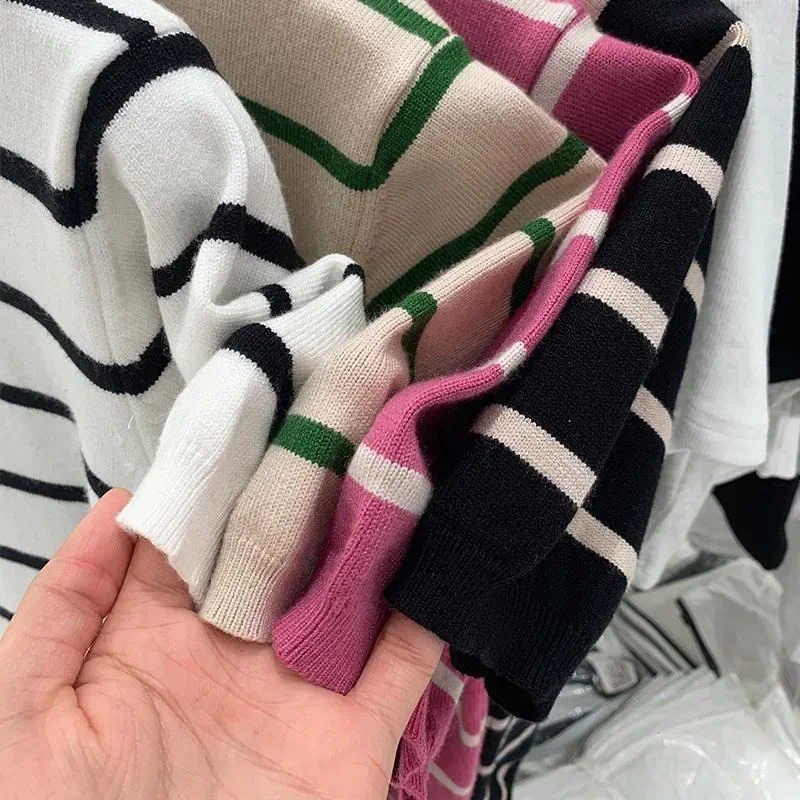 Mulheres verão camisola casual listrado estilo coreano moda recortada malha pulôver vintage o pescoço manga curta feminino roupas chiques