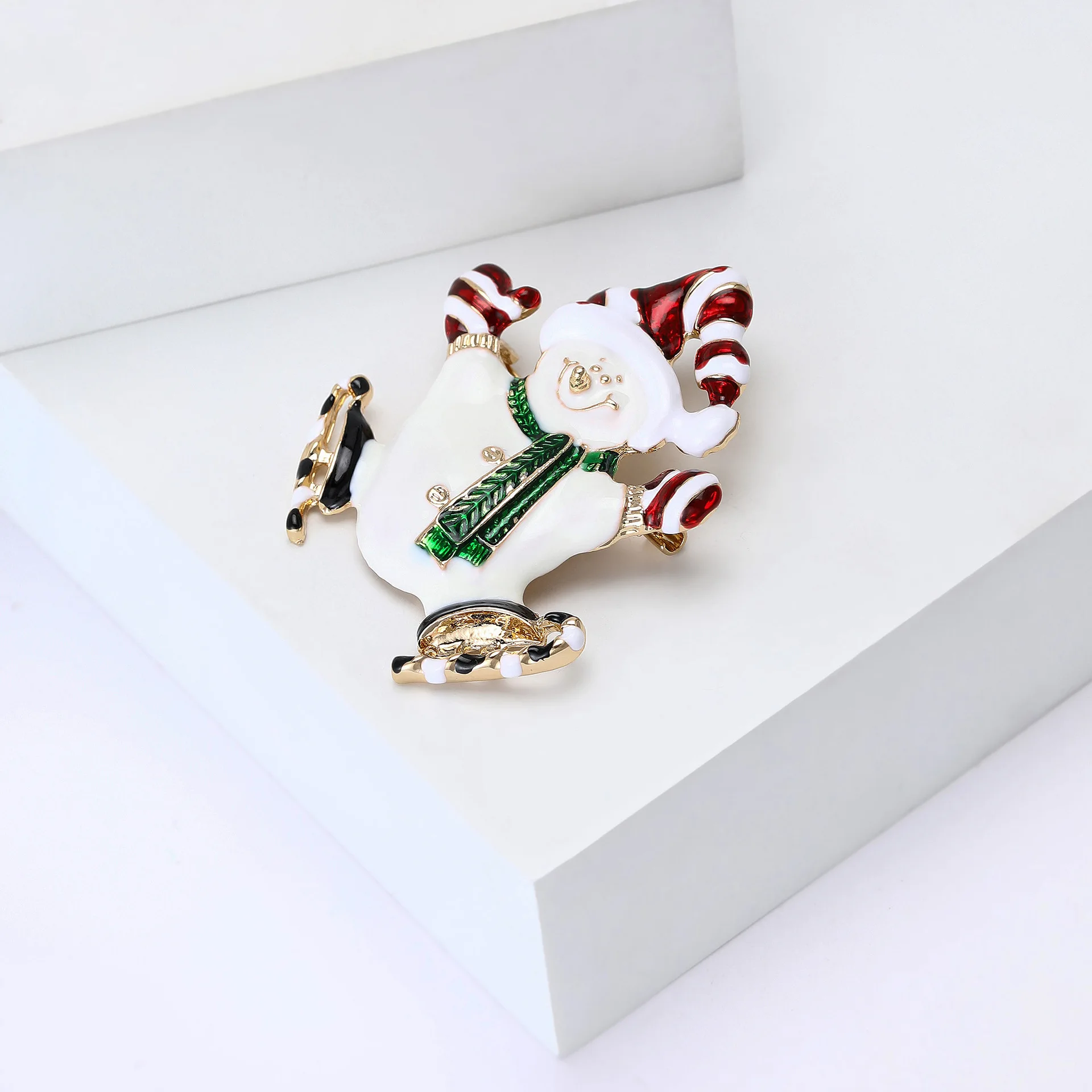 Skating Snowman Brooch Red‑White Striped Hat Green Scarf Enamel Lapel Pin Xmas Holiday Decoration Craft Gift 1PC