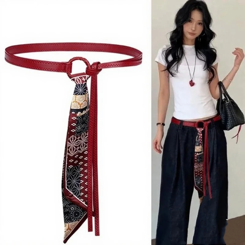 

Retro Slim Waist Belt Detachable Splicing Waist Chain Scarf Belt Dual-use PU Leather Belts For Women Decorative Waist Chain