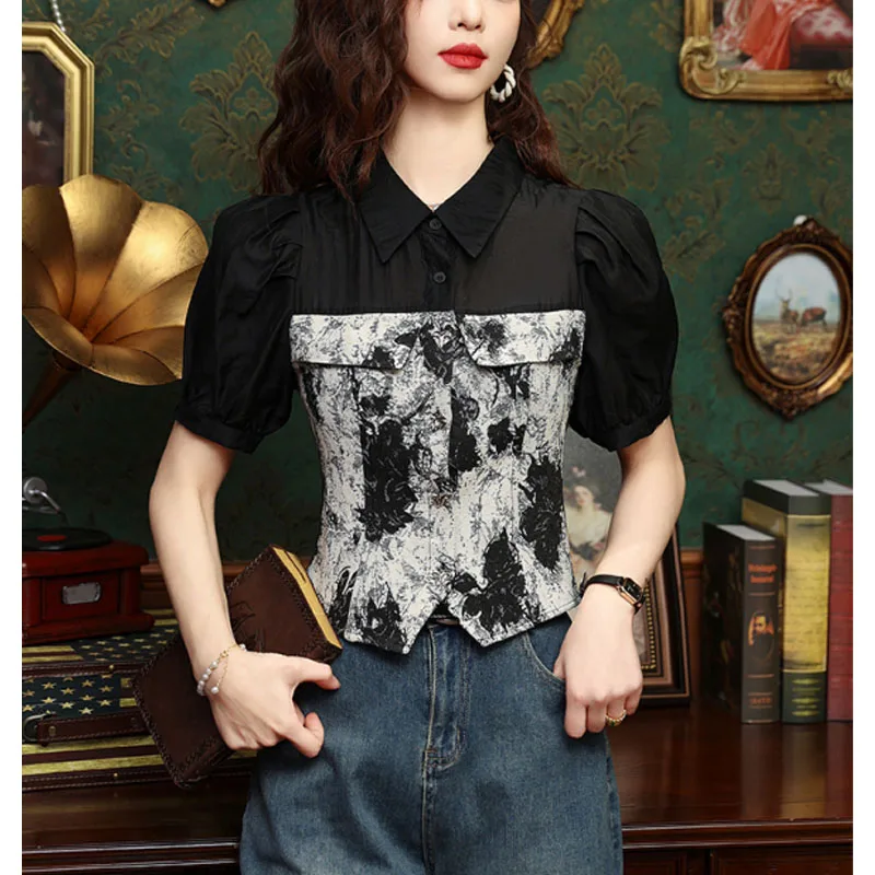 

2024 Summer New Women's Chinese Style Lapel Button Spliced Fashion Elegant Commute Versatile Casual Half Sleeve Shirt Tops