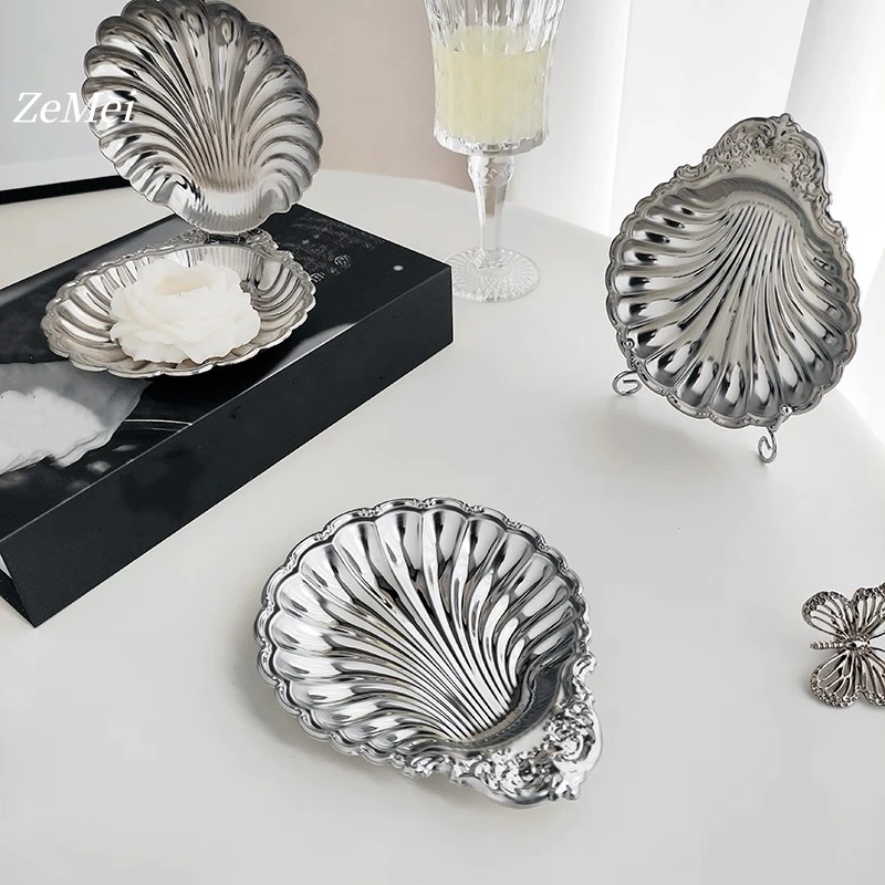 

European Style Shell Shape Water Ripples Fruit Plate,Silver Stainless Steel Plate Home Food Tray,Snack Disc Table Decoration