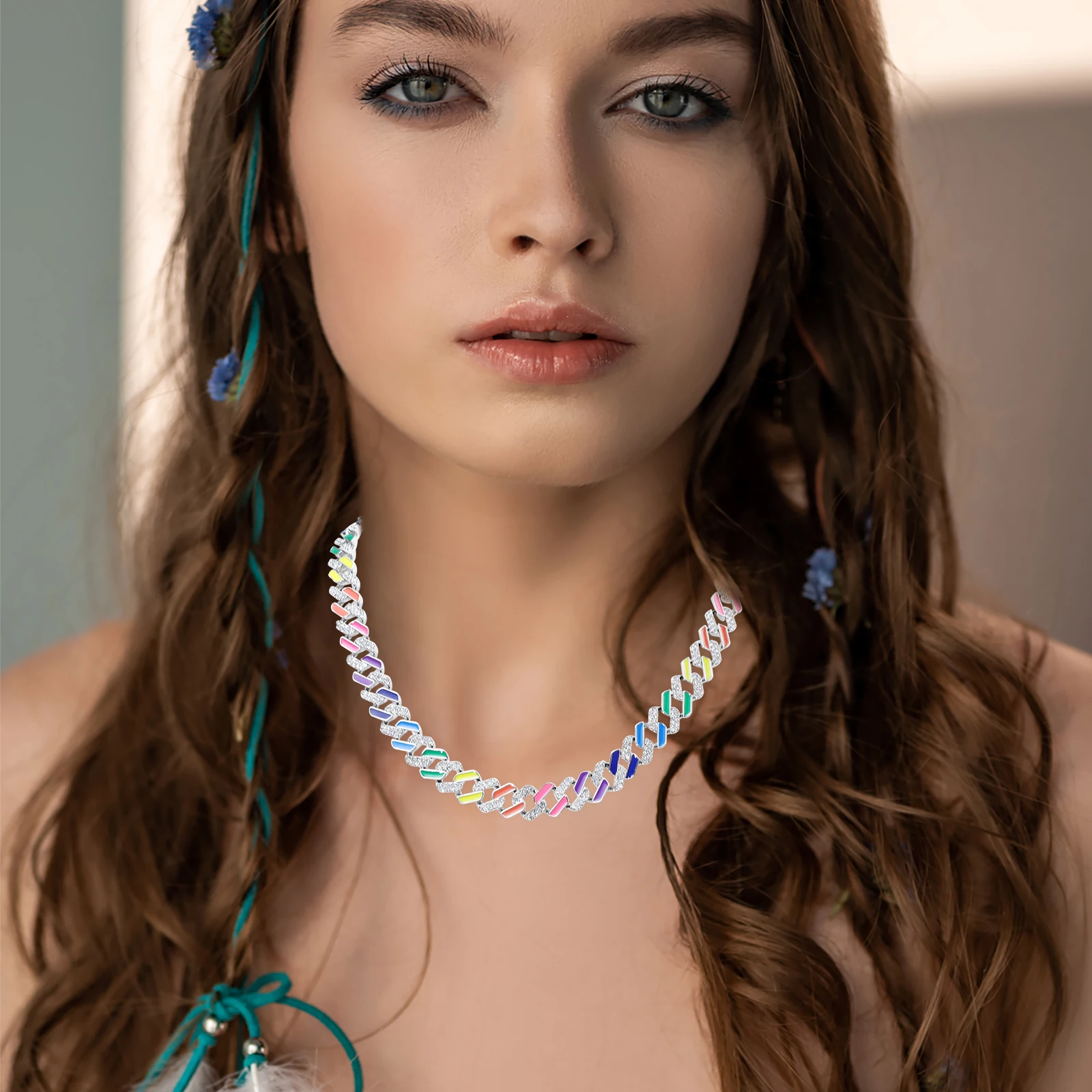 

Clavicle Chain Rainbow Full Necklace Man Choker Pendant Environmental Zinc Alloy Fashion Women Gift