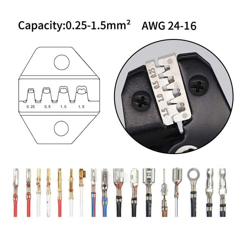 Imagem -03 - Ratchet Crimping Plier Ferramenta Crimper 0.251.5 mm ² Awg24-16for Duponttejstmolex Terminal Fio Alicate Elétrico Sn58b