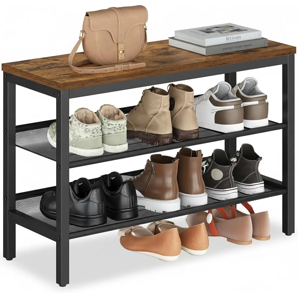 

3-Tier Shoe Rack Bench with Storage Shelves, Rustic Brown & Matte Black, Easy Assembly, 11x29.5x19.7 Inches