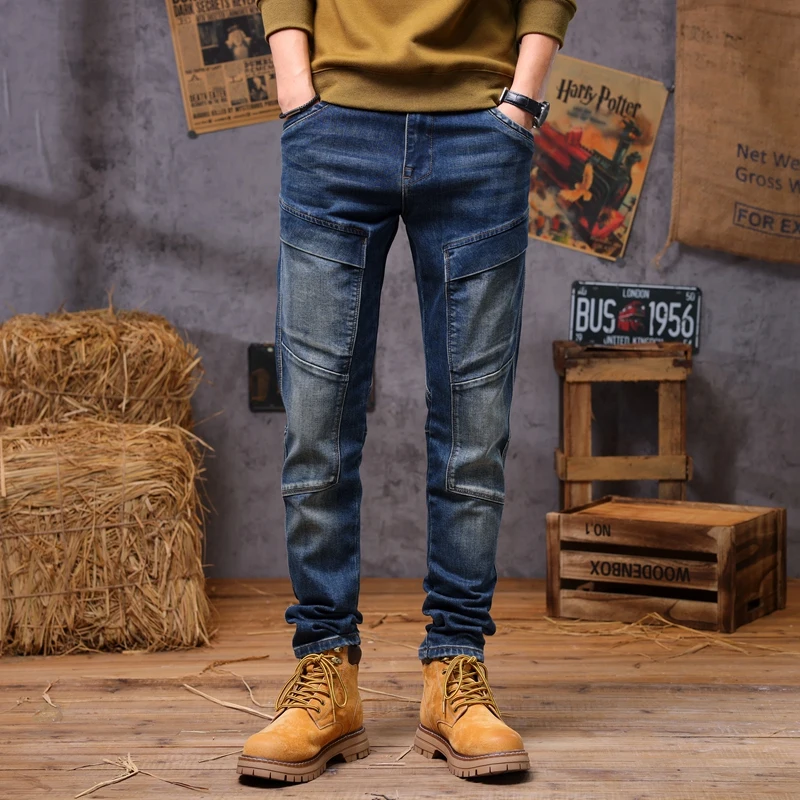 

High quality slim fit elastic splicing multi pocket motorcycle small leg jeans for men autumn and winter men jeans streetwear