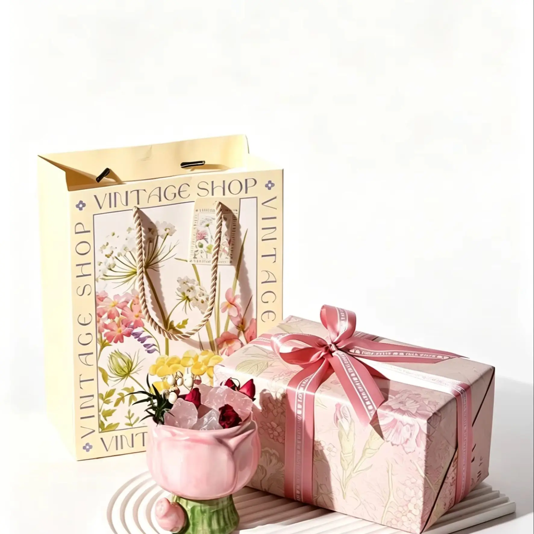 Romantic Crystal Scent Diffuser Gift Box with Pink Rose Ceramic Holder, Natural Crystals & Rose Petals, Aromatherapy Home Decor