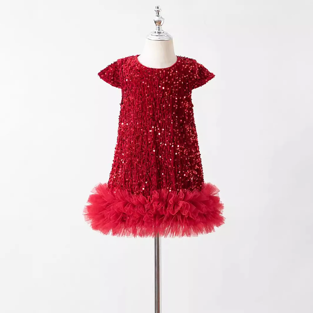 open lace back dress Sequin Ruffle Sleeve Tutu Girls Dress 10 / Blush main image 0