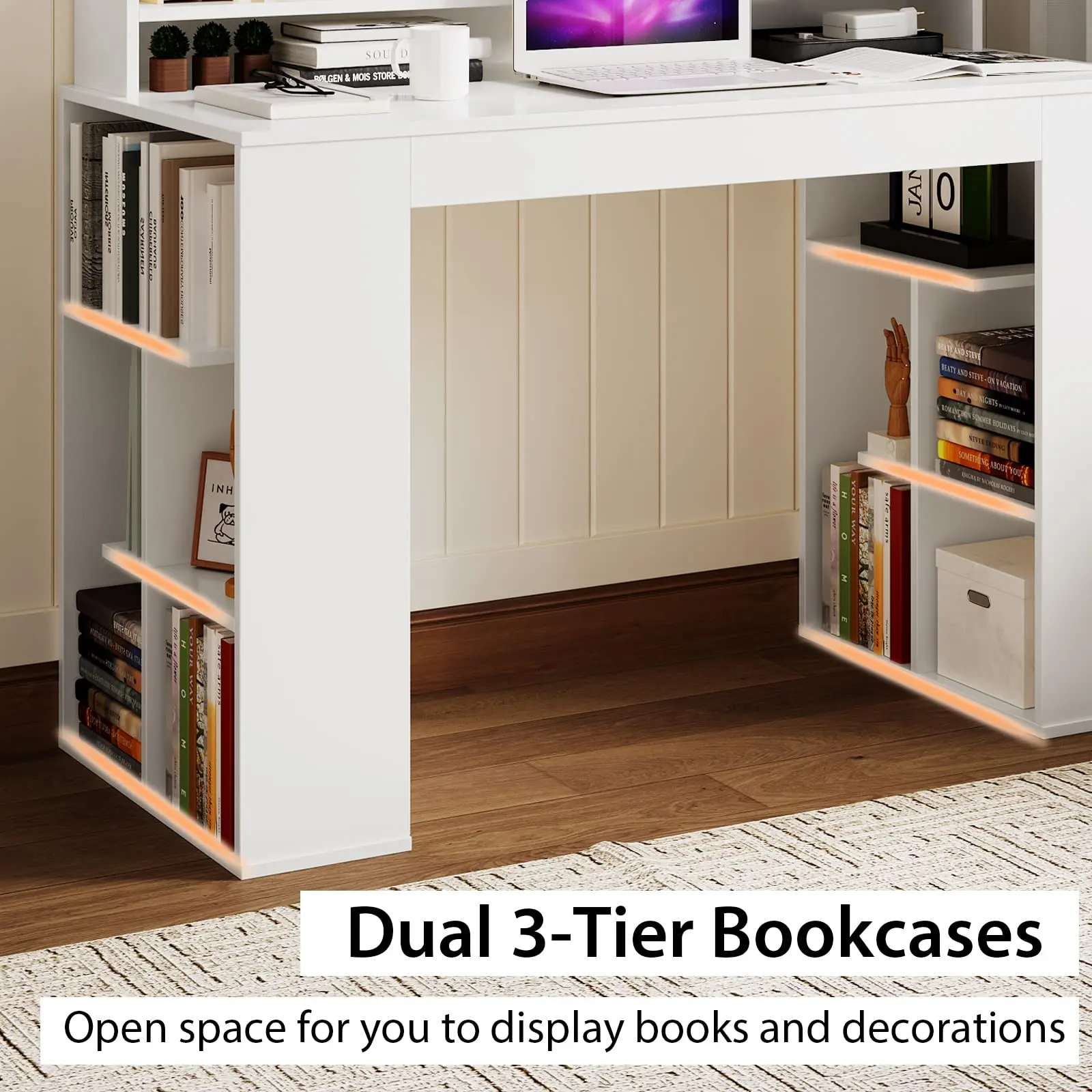 White Desk with Storage Bookshelf, Home Office Computer Desk with Dual 3 Tier Bookshelf & Monitor Shelf, Study Writing Desk image 5