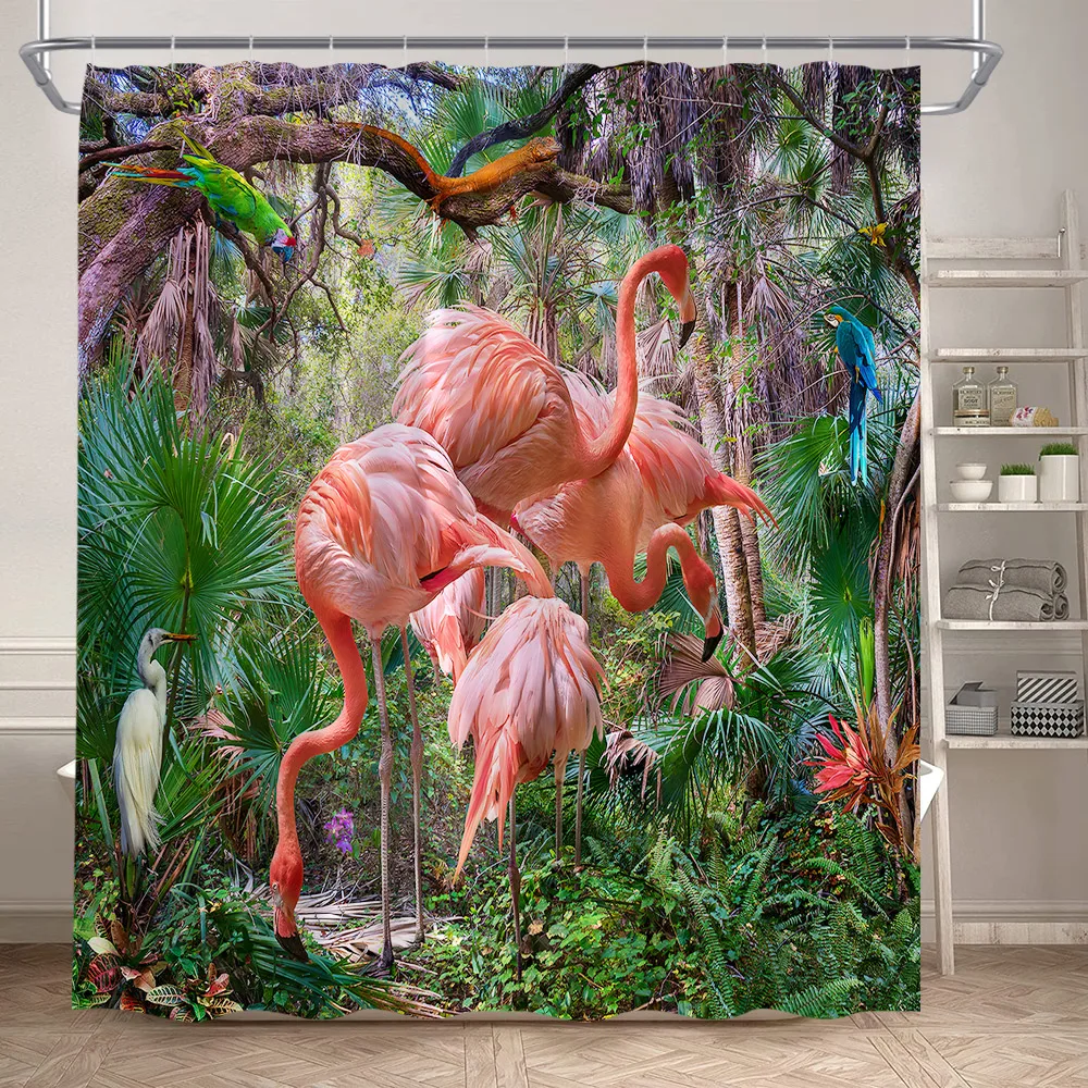 Tropical Jungle Flamingo Shower Curtains Animals Lake Lotus Flowers Palm Tree Plant Forest Scenery Fabric Bathroom Curtain Decor