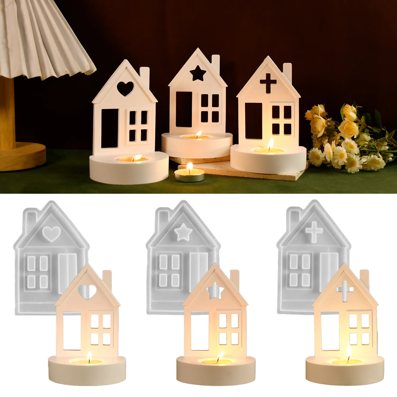 DIY Hollow Love Star House Candlestick Silicone Mold Handmade Scented Candle Holder Cement Desktop Ornament Home Decoration