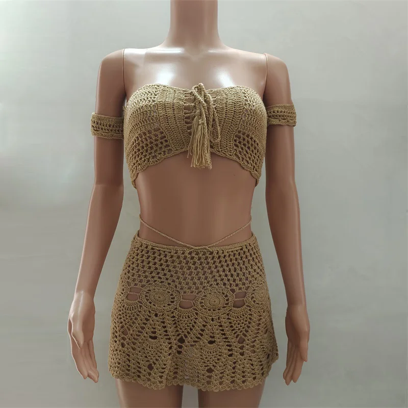 Crochet Two Piece Set Summer Beach Dress Hand Knitted Hollow Out Crop Top Mini Skirt Sheer Fishnet Cover Up Casual Suits