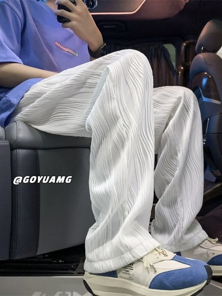 

Мужские летние повседневные брюки из высококачественного ледяного шелка, прямого кроя, плиссированные, свободные, модные, брендовые, в уличном стиле, для отдыха