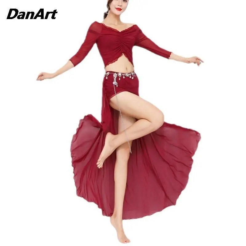 Vestido Sexy de danza del vientre para mujer, ropa de actuación en escenario, traje de entrenamiento de práctica, Tops de dama + Falda larga, disfraces de espectáculo para adultos, nuevo