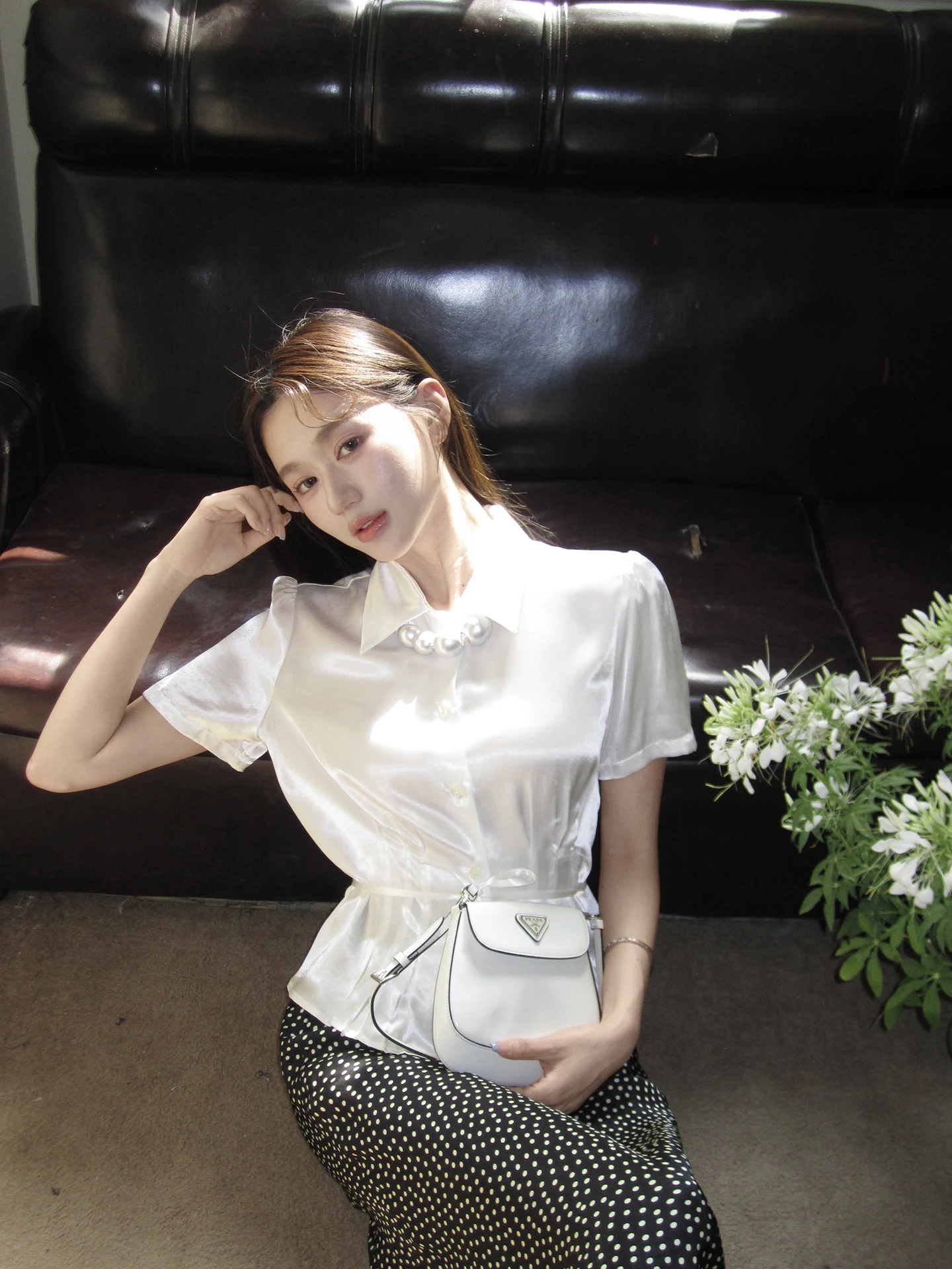 

Water Light Satin irt Pearl Satin Handmade Pleated Slimming Waist Tie ort Sve Top for Women Casual Sle Breathable Sk...