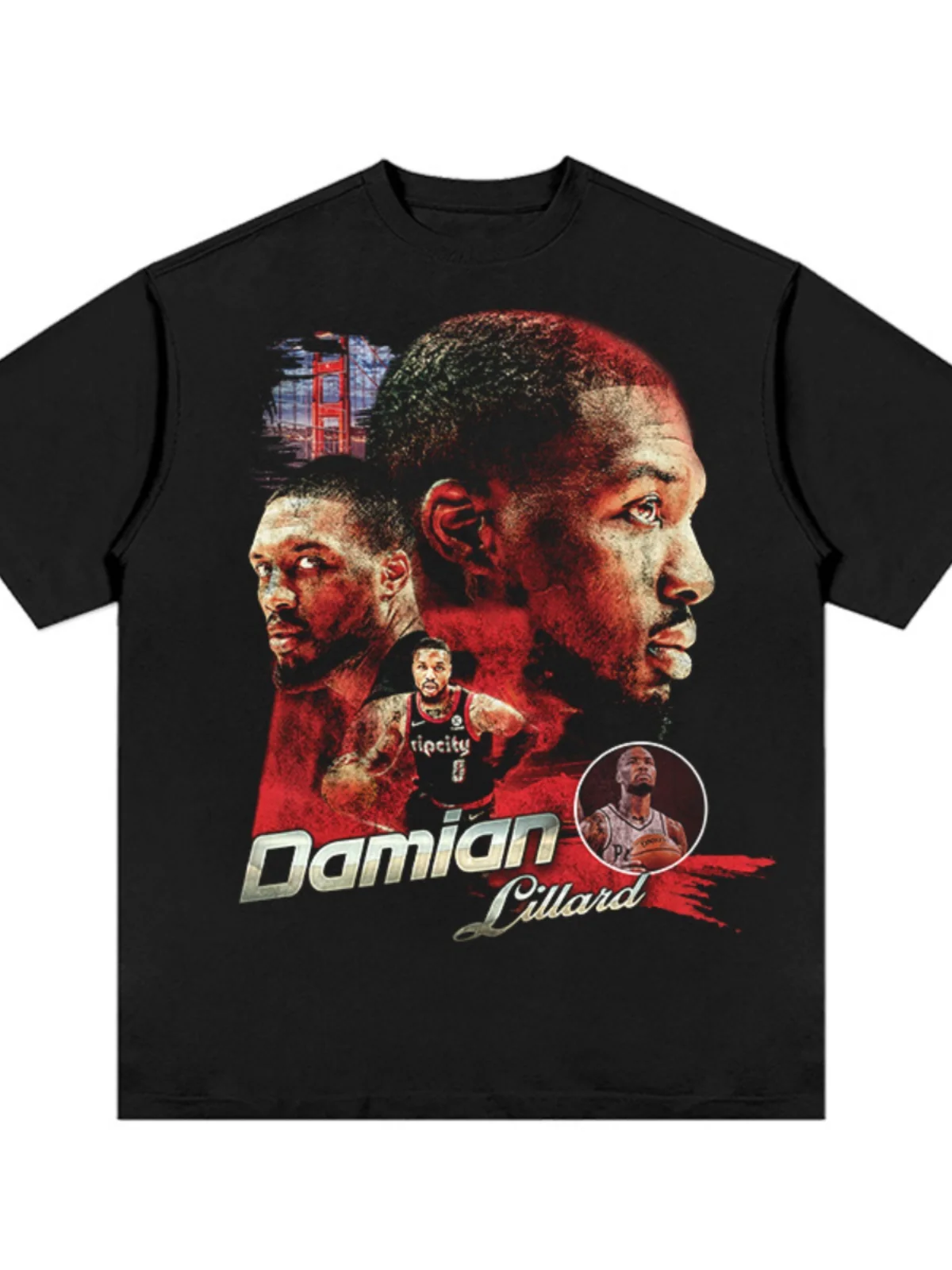 Lillard Nba Street Hip-hop Basketball Print Half Sleeve Portrait Loose Short Sleeve Round Neck T-shirt for Men and Women