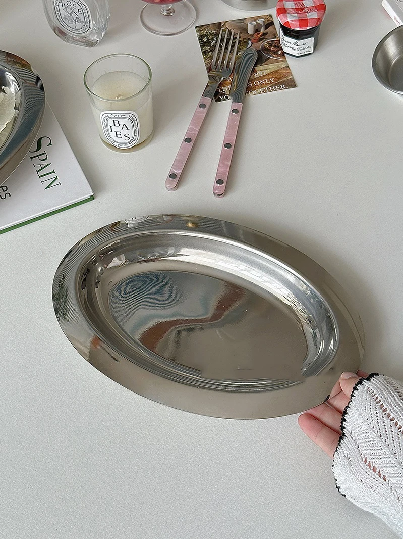 Vintage Stainless Steel Oval Plate Breakfast Bread Salad Disc Round Dipping Saucer Afternoon Tea Cake Treat Dish Storage Tray