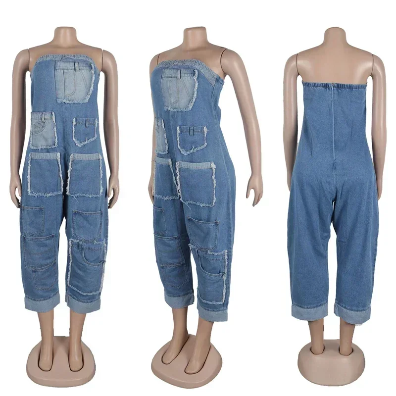 ปิดไหล่ Multi-Pocket DENIM Jumpsuit ผู้หญิงแขนกุด Night Party One ชิ้นโดยรวม Club Rompers กางเกงยีนส์ Streetwear