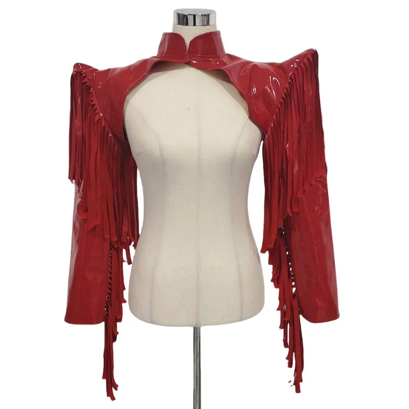 Women's Red Leather Tassel Fly Shoulder Pads Jazz Singer Armor Waistcoat for Stage Performance Queen Dance Costume Accessories