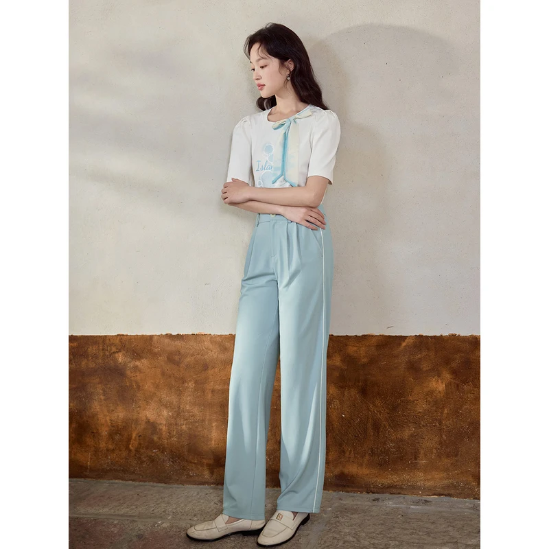 INMAN Women Suit Pants 2023 Summer High Waist Loose Wide-leg Trousers Thin Blue Elegant Casual All-match Pants