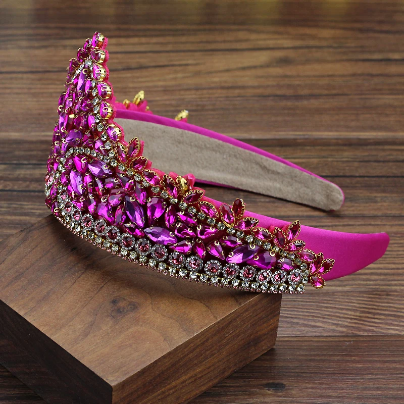 Handmade Women Hair Accessories Hot Pink Blue Crystal Queen Tiara Headbands Princess Baroque Crowns Hairbands For Girls Wedding