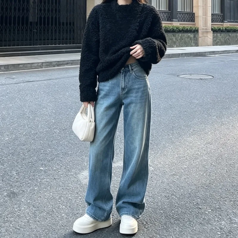 Women Denim Pants Solid Loose Casual Retro Jeans Straight Leg Female Trousers Spring Autumn High Street Comfortable Baggy Jeans