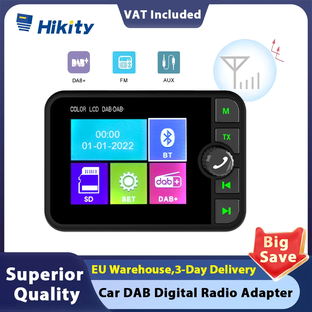 Hikity DAB Antenna DAB+ Modules 2.4" LCD Display With USB Adapter Android Car Radio  Receiver Player For European