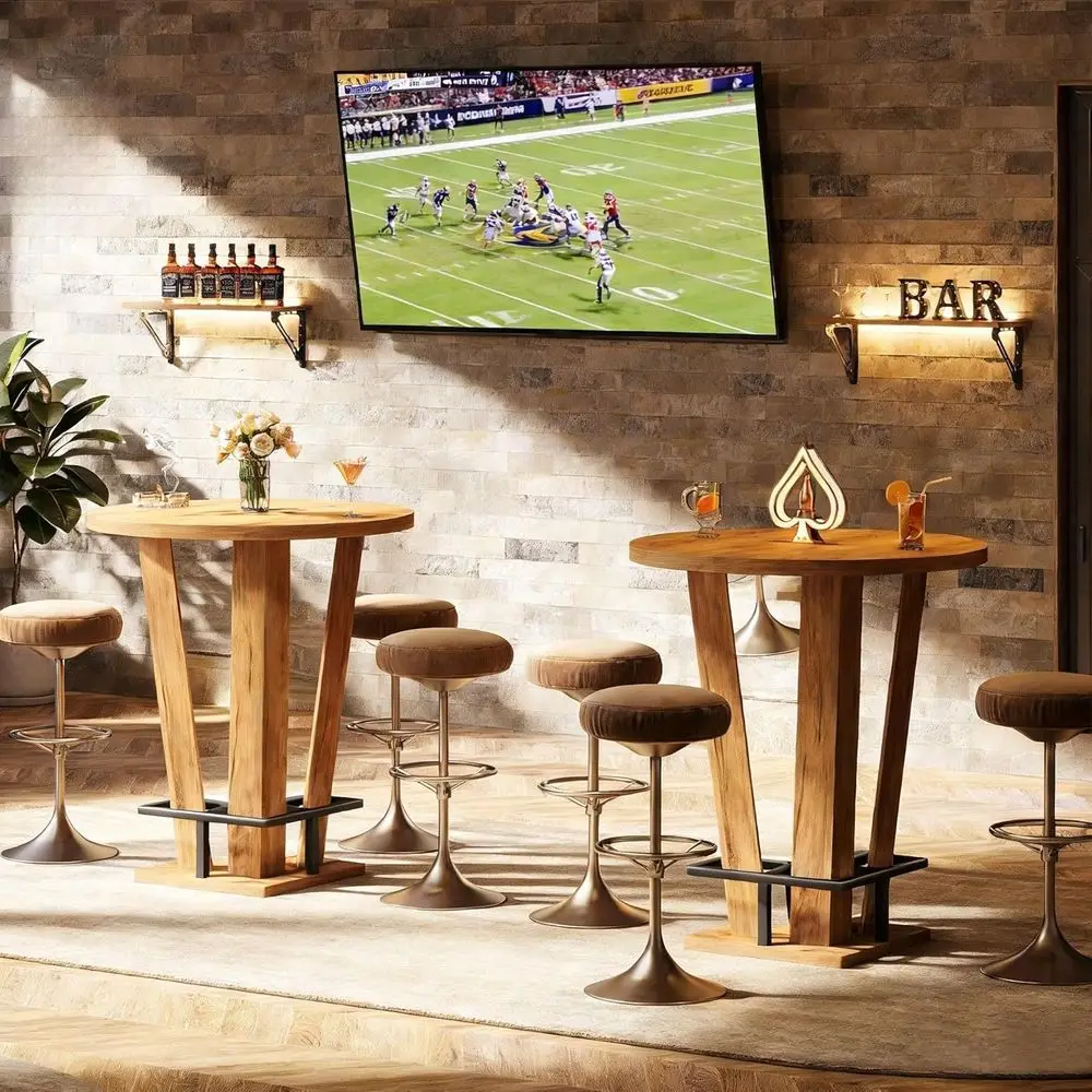 

39.4 High-Top Round Pub Table with Metal Footrest, Ideal for Small Spaces, Living Rooms, Kitchens, and Cafes