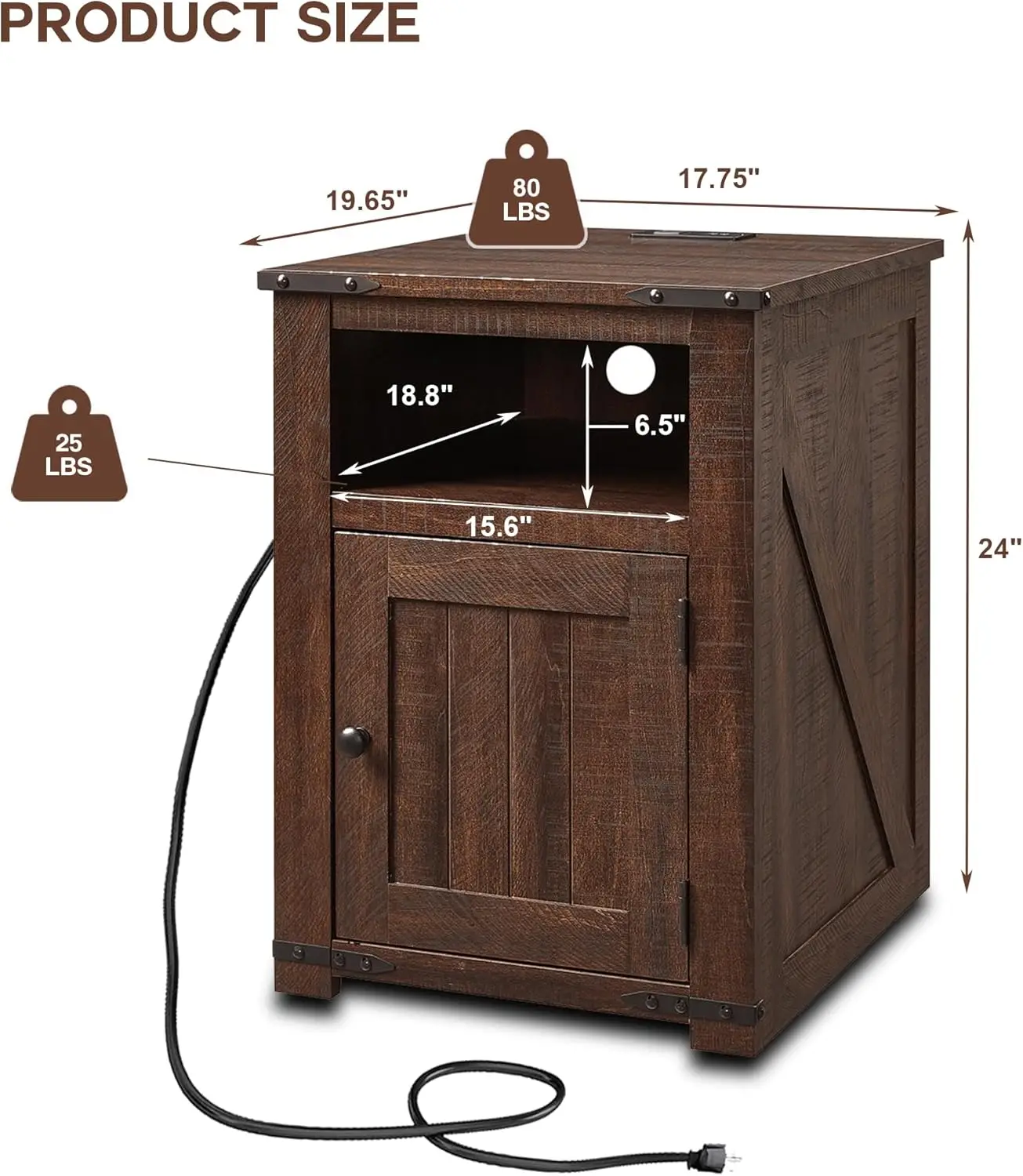 

Тумбочка с зарядной станцией, 20-дюймовый торцевой столик для фермерского дома с канавной дверью сарая, прикроватная тумбочка из дерева в деревенском стиле с открытой стороной дивана