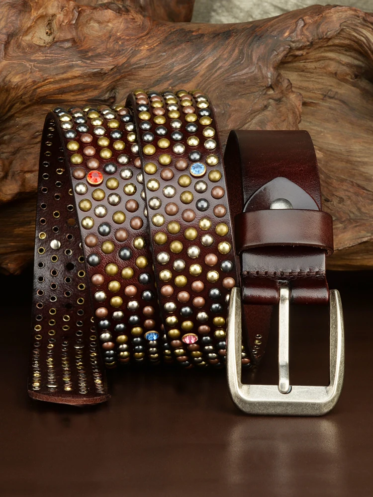 

Мужской модный ремень из мягкой кожи со стразами, дизайнерский ремень с заклепками, в стиле панк-рок, с пряжкой-шпилькой, индивидуальный поясной ремень