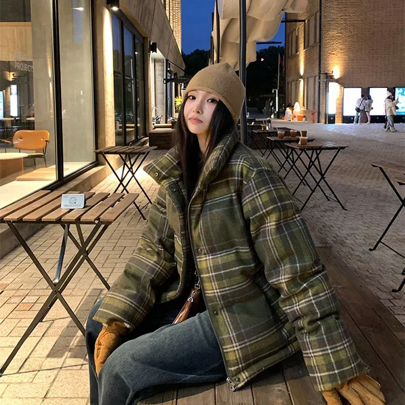 Street Plaid Print Cotton-Padded Jacket Women Winter Thicken Warm Puffy Bread Coat Korean Retro Student Down Cotton Parkas